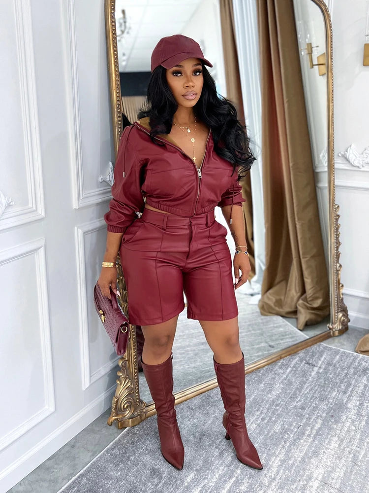 Elegant Deep Leather 2 Piece Set Women Outfit Zip Hooded Jacket and Shorts Suit 2025 Fall Winter Fashion Simple Streetwear Sets