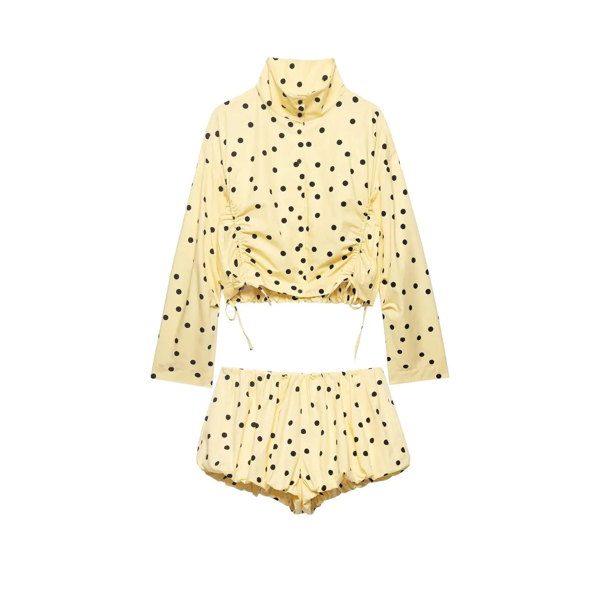 Polka Dot Print Shorts Coats Suits Women Loose High Neck Long Sleeves Zipper Drawstring Sets Female 2025 Autumn New Chic Set